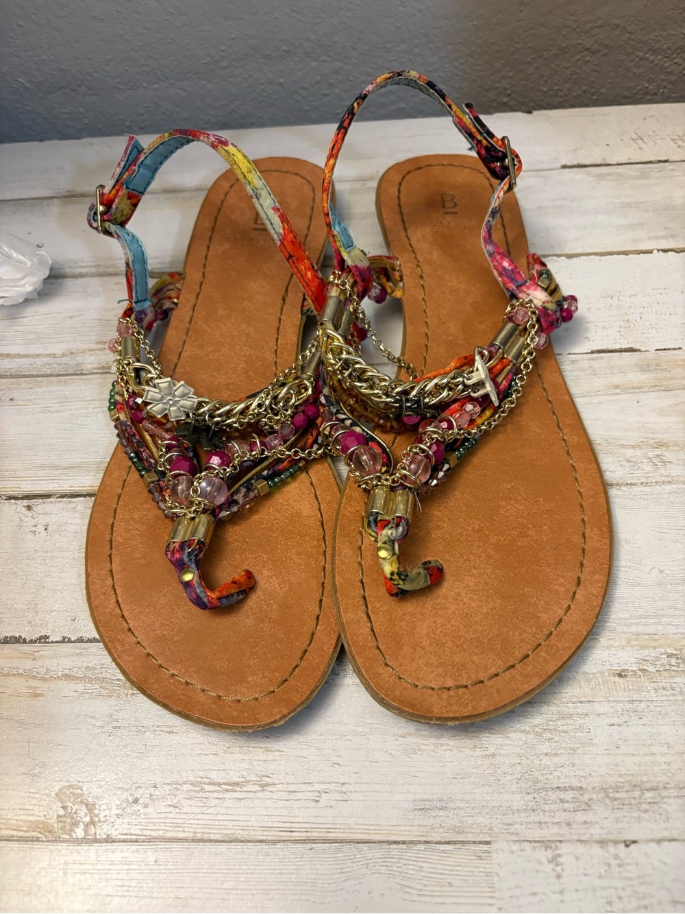 Bakers Multicolor Beaded T-Strap Sandals with Gold Chain BoHo